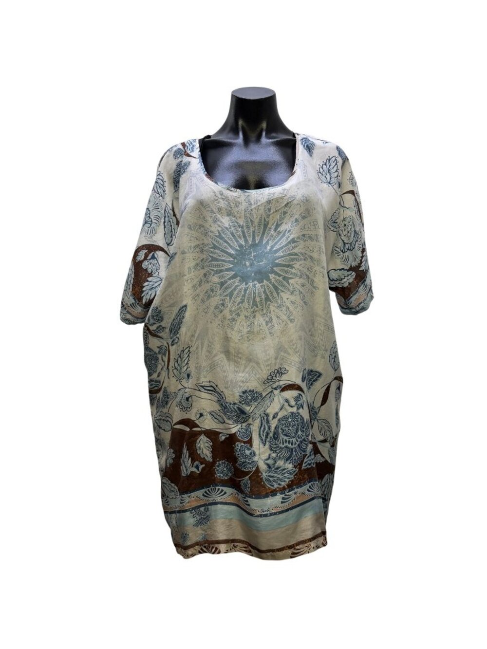 Johnny Was  Blue & Brown Tunic Top Short Sleeves Size S